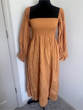 O.P.T Smocked Square Neck Midi Dress NWT Size Medium Camel Brown